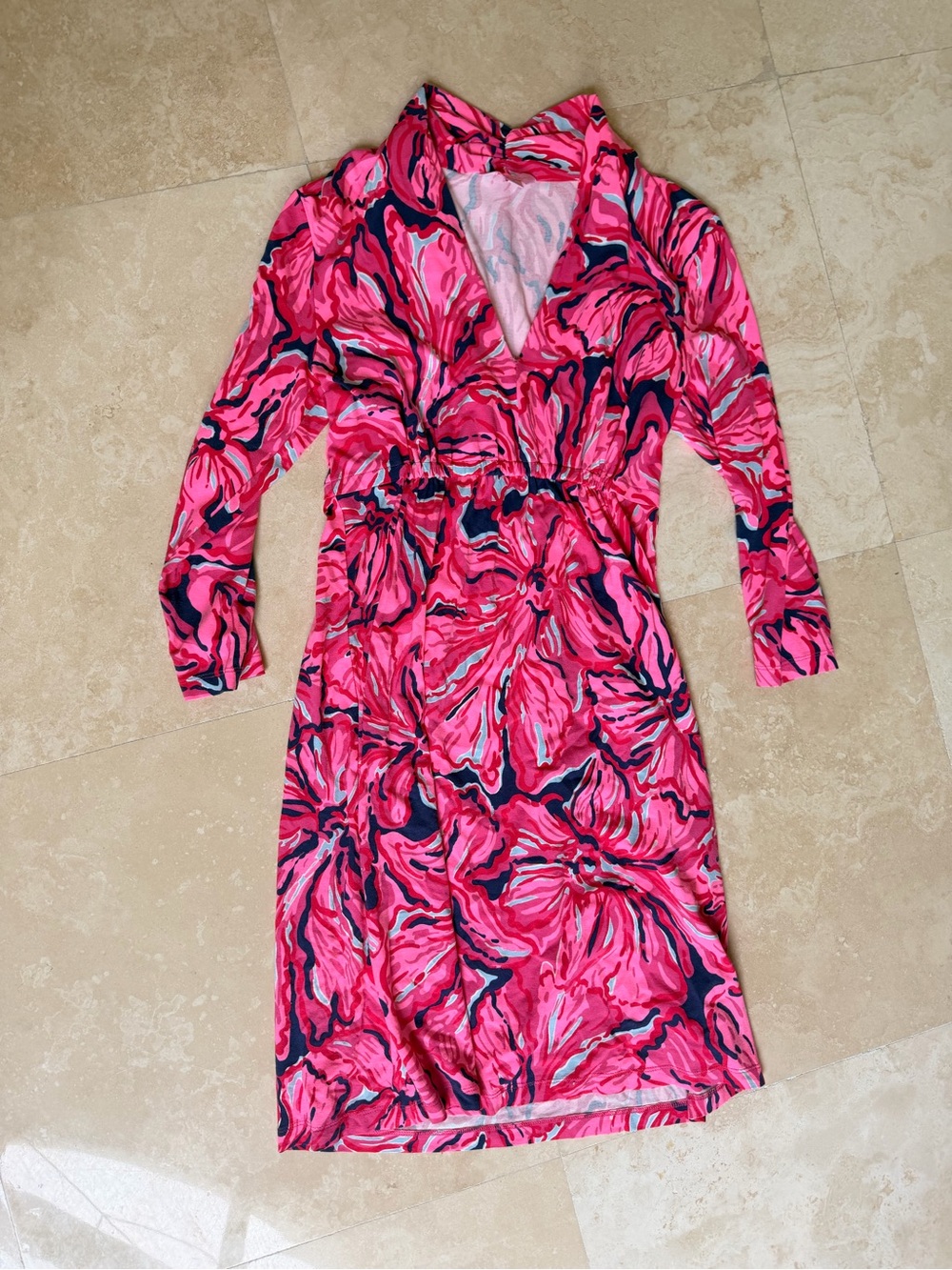 Lilly Pulitzer Hot Pink Floral Wrap-Style Dress with Navy Accents - S